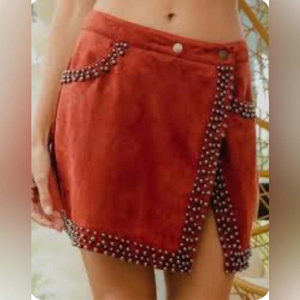 BiBi Rust Red Mini Skirt with Stud Trim